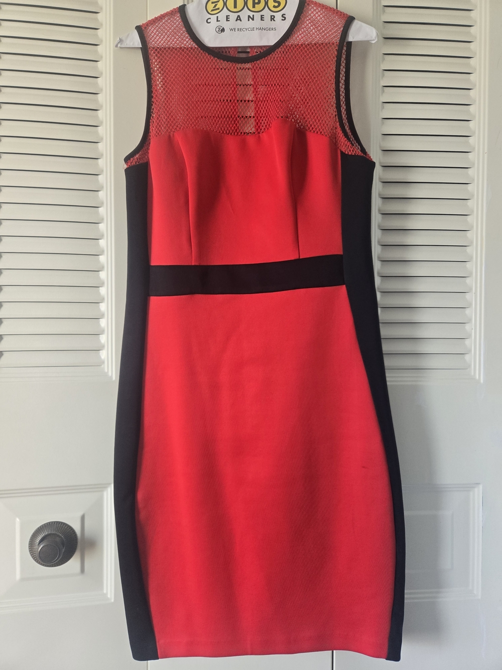 B. Smart Red and Black Sleeveless Sheath Dress with Mesh Yoke